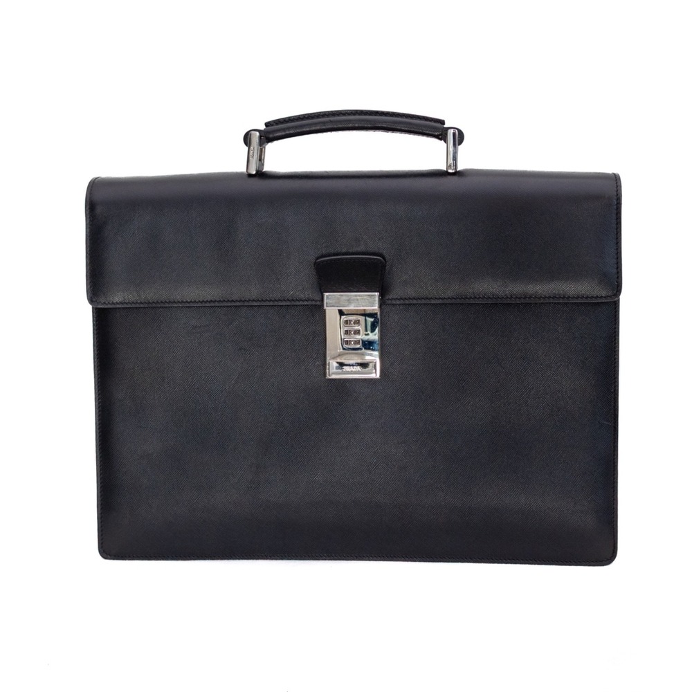 Rare PRADA Saffiano Business Bag Briefcase Dial Type Leather Black Men's